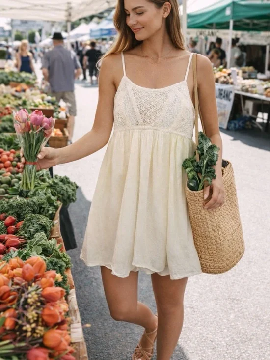 American Eagle Cream Lace Boho Sundress | Cottagecore Flowy Mini - Picture 1 of 6